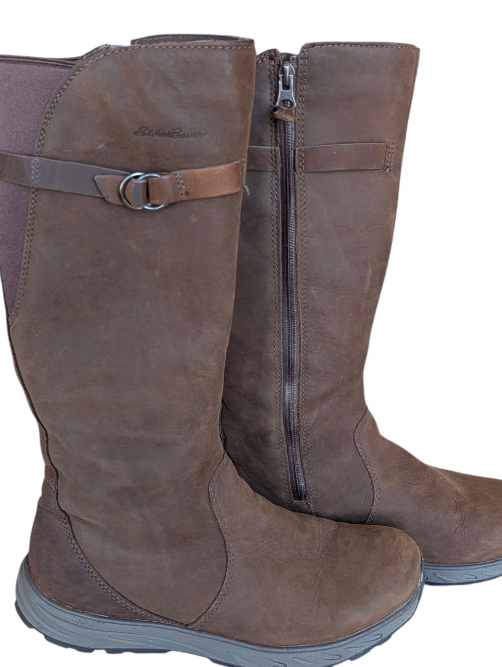 Eddie Bauer Chocolate Brown Leather Tall Zip Riding Boots 8.5 Buckle Western